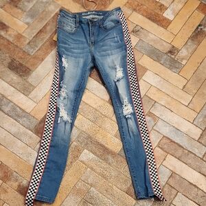 Machine Blue Skinny Jeans with Checkered Side Stripe